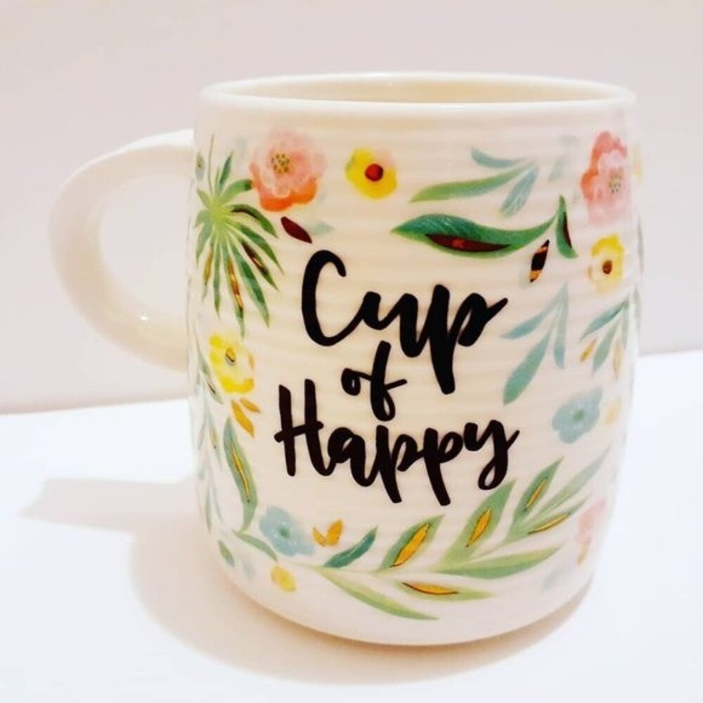 Cypress Home Decorated Floral CUP OF HAPPY Ceramic Coffee Tea Mug 4"Tall 12Oz